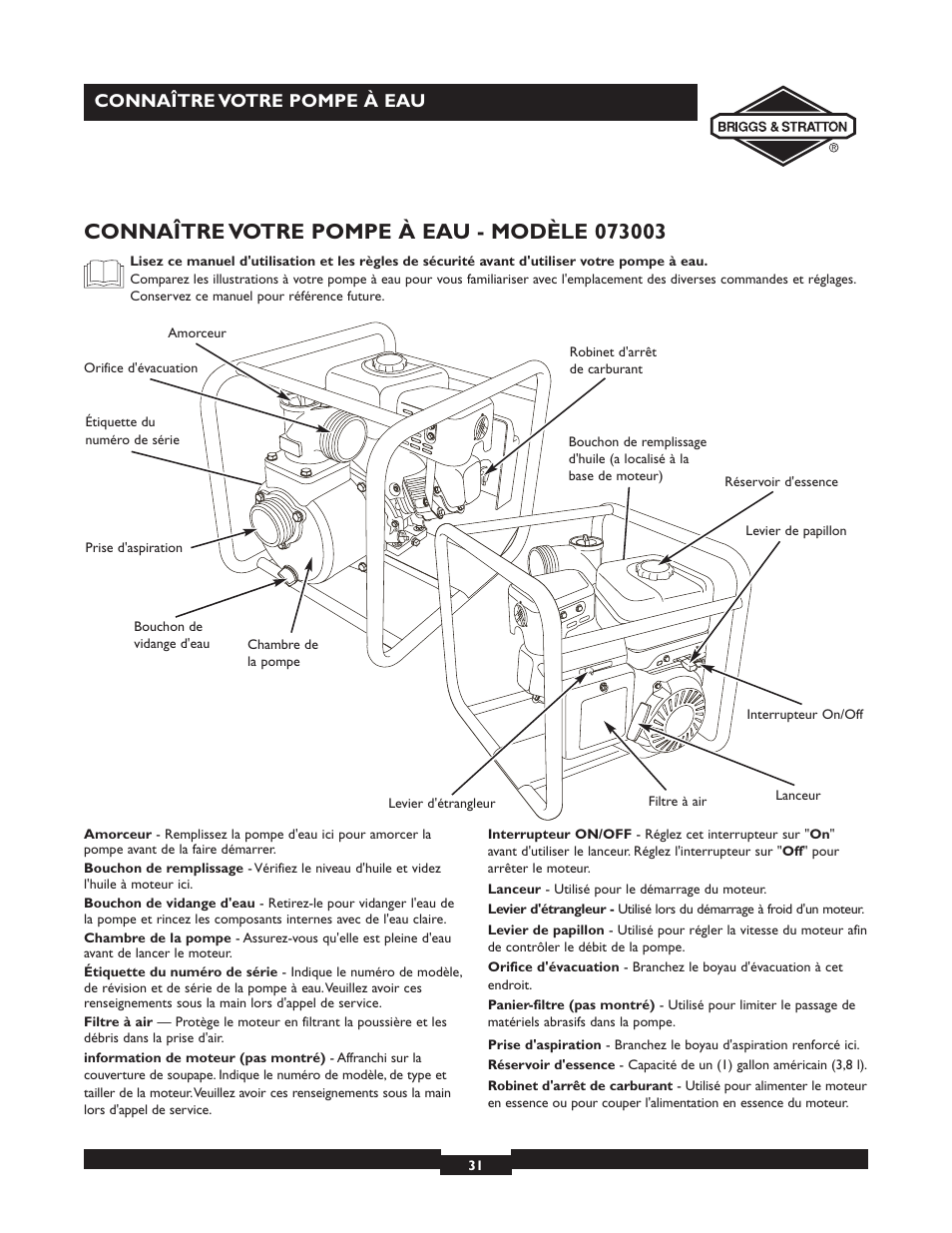 Connaître votre pompe à eau | Briggs & Stratton 073002 User Manual | Page 31 / 72