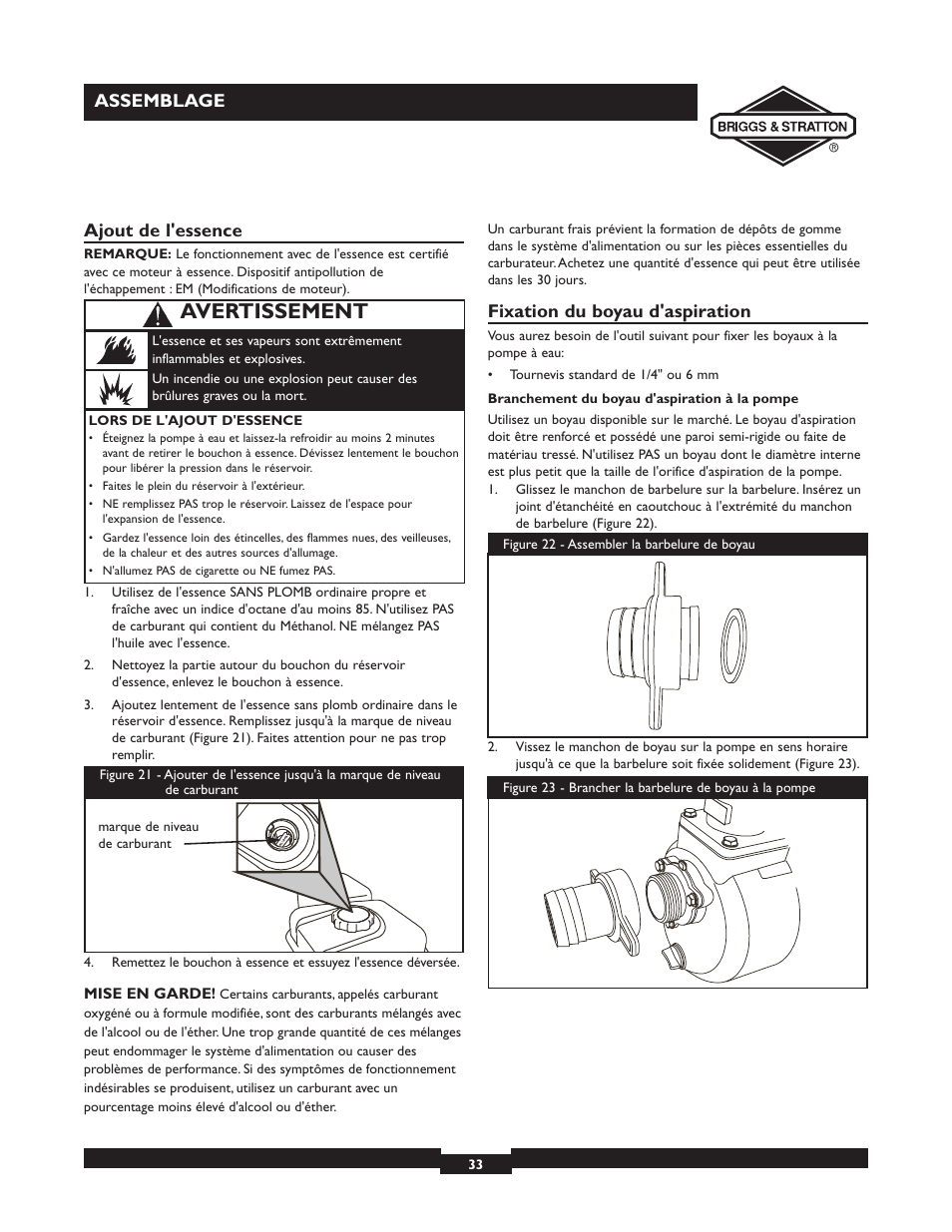 Avertissement, Assemblage ajout de l'essence, Fixation du boyau d'aspiration | Briggs & Stratton 073002 User Manual | Page 33 / 72