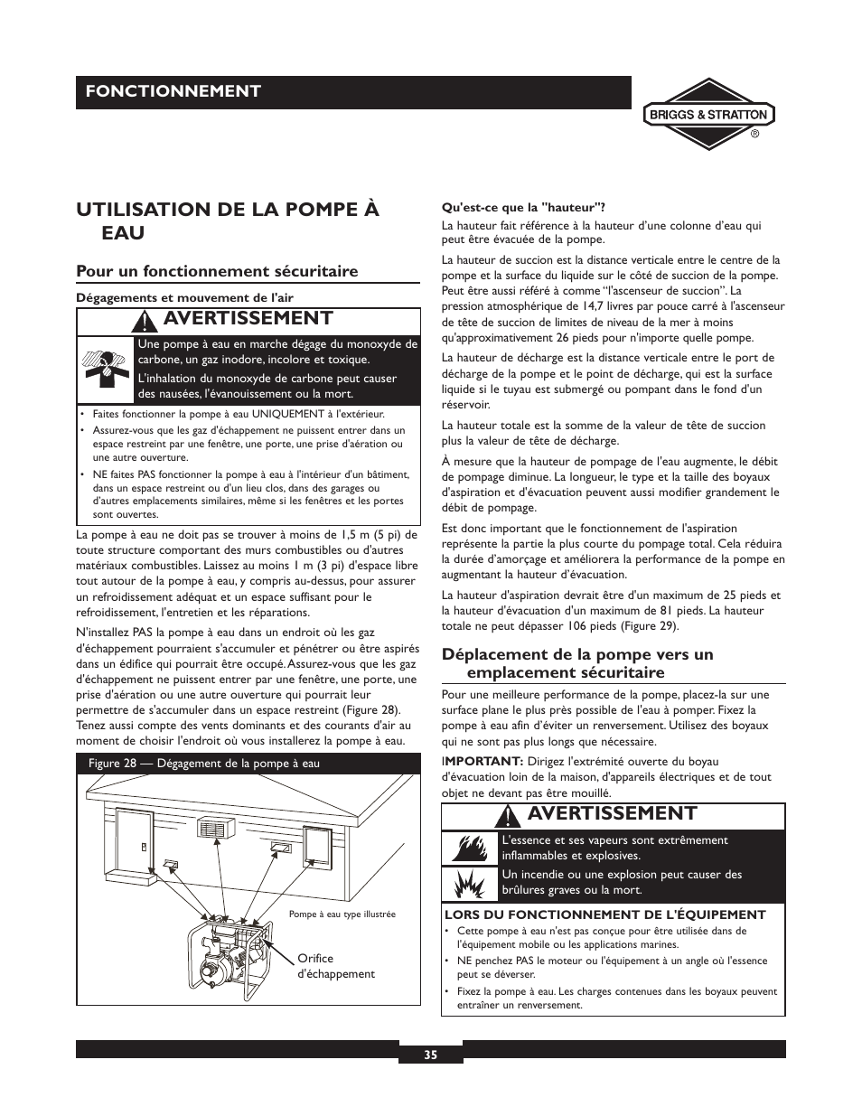 Utilisation de la pompe à eau, Avertissement, Fonctionnement | Pour un fonctionnement sécuritaire | Briggs & Stratton 073002 User Manual | Page 35 / 72