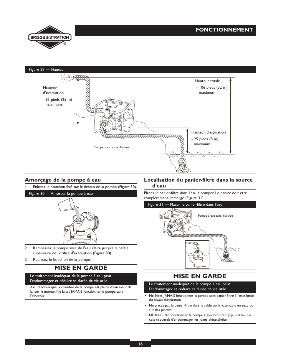 Mise en garde, Fonctionnement amorçage de la pompe à eau, Localisation du panier-filtre dans la source d'eau | Briggs & Stratton 073002 User Manual | Page 36 / 72