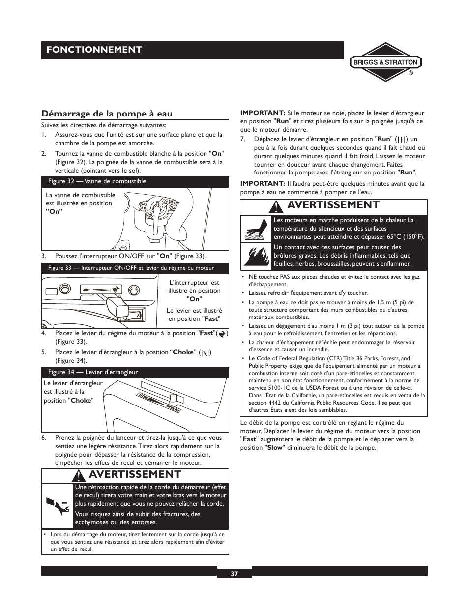 Avertissement, Fonctionnement démarrage de la pompe à eau | Briggs & Stratton 073002 User Manual | Page 37 / 72