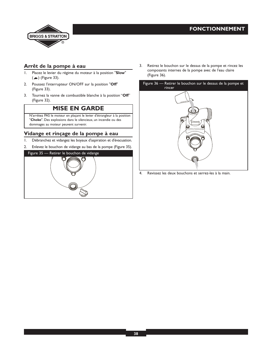 Mise en garde | Briggs & Stratton 073002 User Manual | Page 38 / 72
