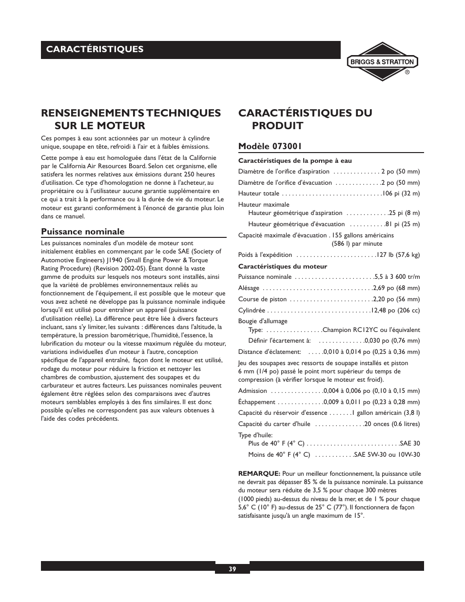 Renseignements techniques sur le moteur, Caractéristiques du produit | Briggs & Stratton 073002 User Manual | Page 39 / 72