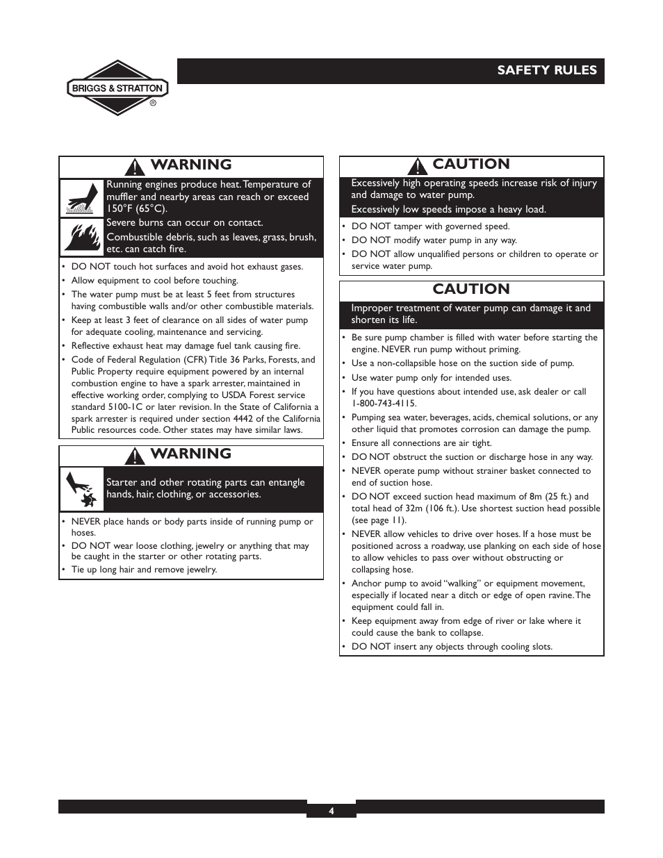 Caution, Warning | Briggs & Stratton 073002 User Manual | Page 4 / 72