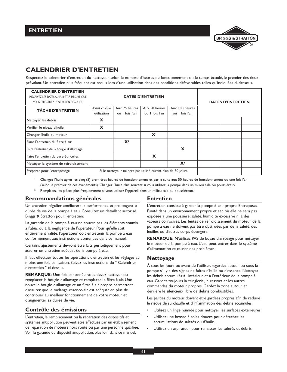 Calendrier d'entretien, Entretien, Recommandations générales | Contrôle des émissions, Nettoyage | Briggs & Stratton 073002 User Manual | Page 41 / 72