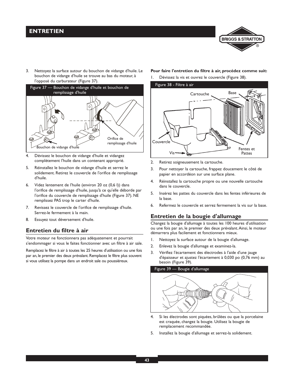 Entretien, Entretien du filtre à air, Entretien de la bougie d'allumage | Briggs & Stratton 073002 User Manual | Page 43 / 72