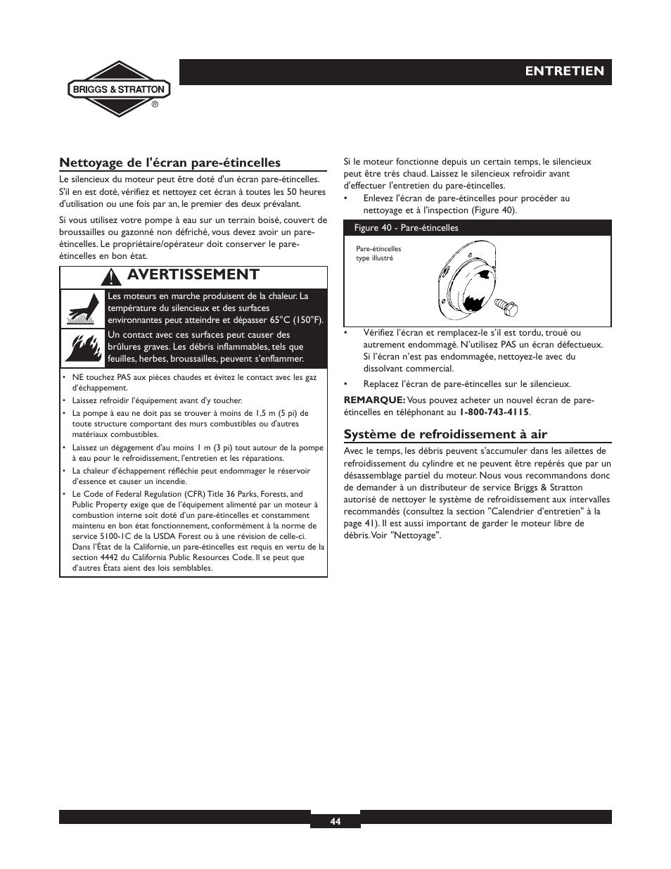 Avertissement, Entretien nettoyage de l'écran pare-étincelles, Système de refroidissement à air | Briggs & Stratton 073002 User Manual | Page 44 / 72