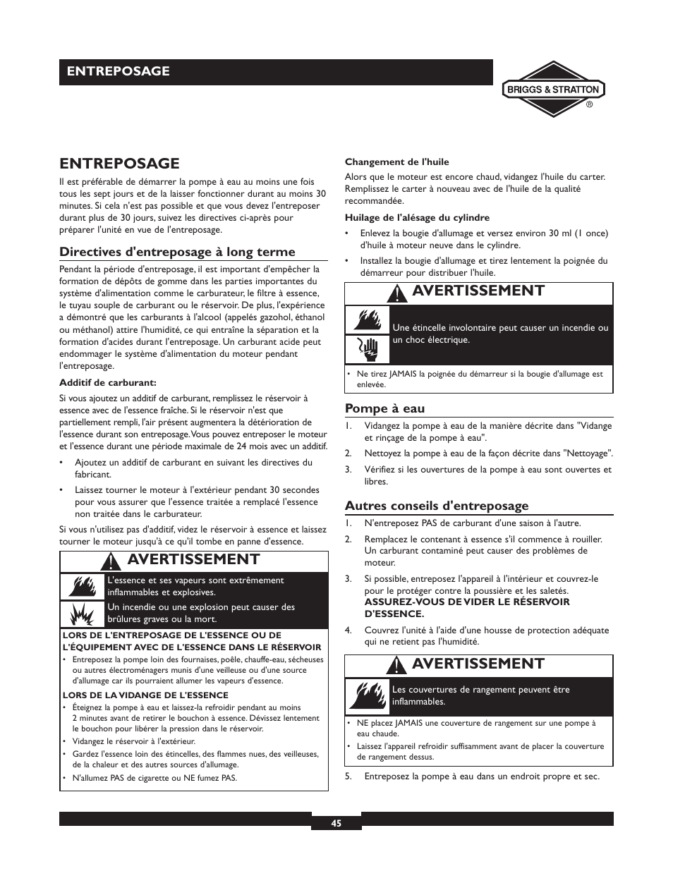 Avertissement, Entreposage, Directives d'entreposage à long terme | Pompe à eau, Autres conseils d'entreposage | Briggs & Stratton 073002 User Manual | Page 45 / 72