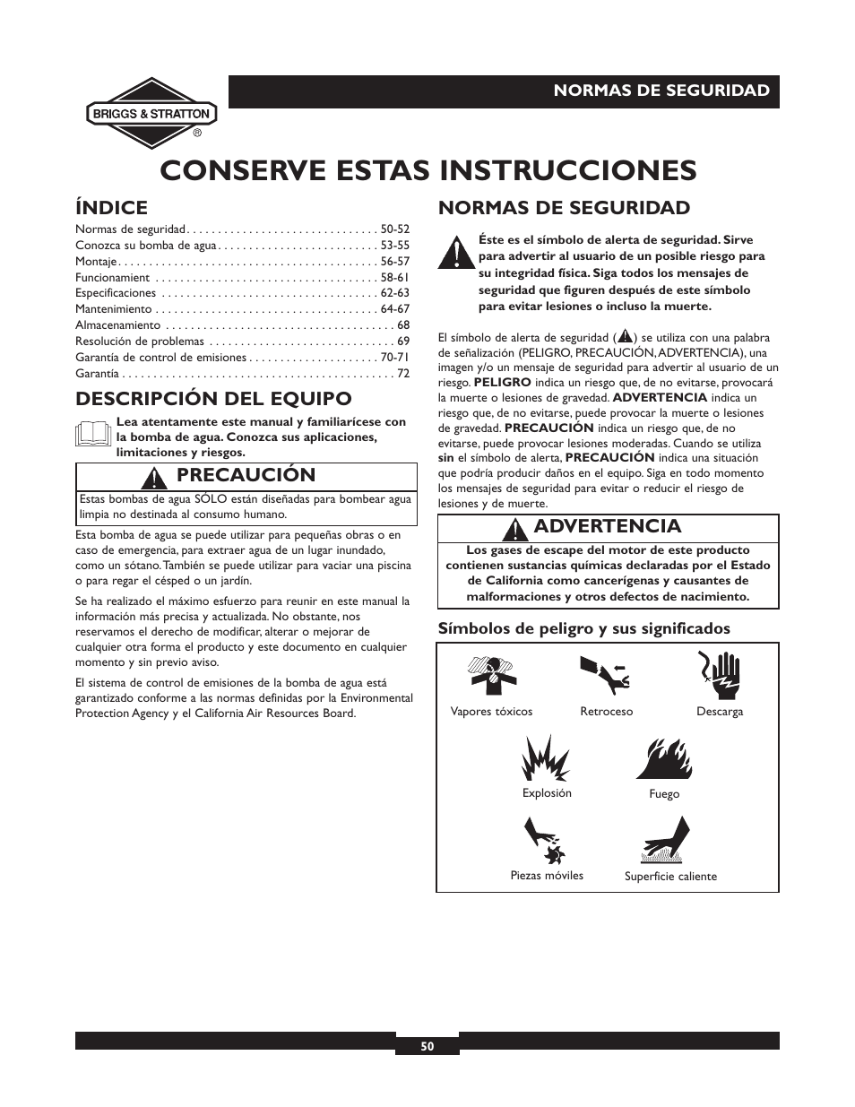 Conserve estas instrucciones, Índice, Descripción del equipo | Normas de seguridad, Advertencia, Precaución | Briggs & Stratton 073002 User Manual | Page 50 / 72