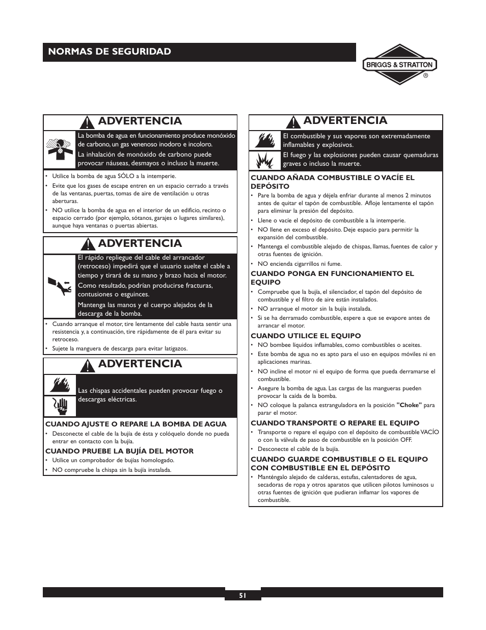 Advertencia, Normas de seguridad | Briggs & Stratton 073002 User Manual | Page 51 / 72