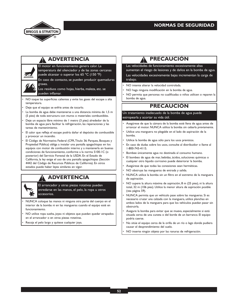 Precaución, Advertencia, Normas de seguridad | Briggs & Stratton 073002 User Manual | Page 52 / 72