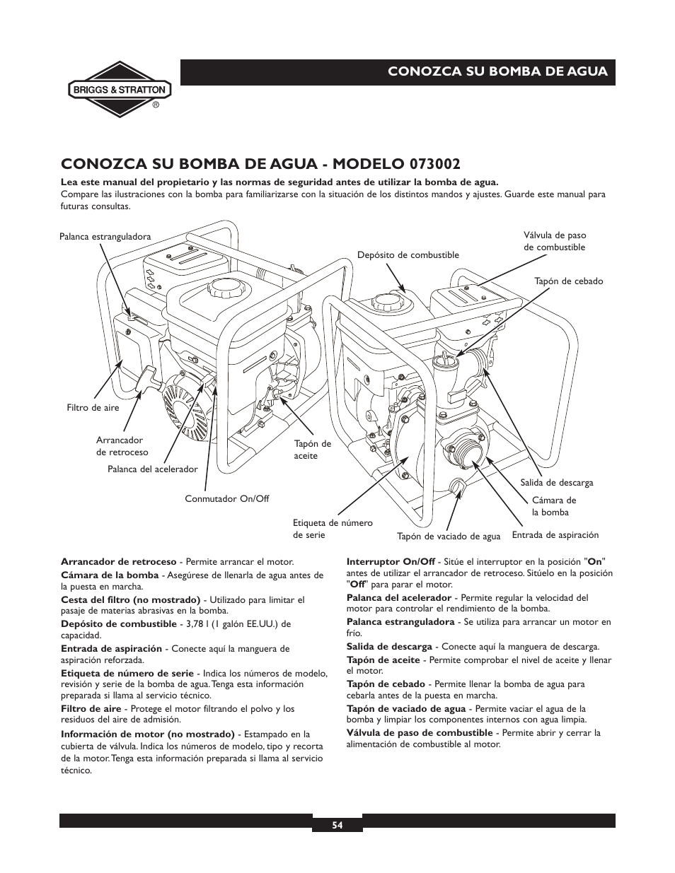 Conozca su bomba de agua | Briggs & Stratton 073002 User Manual | Page 54 / 72