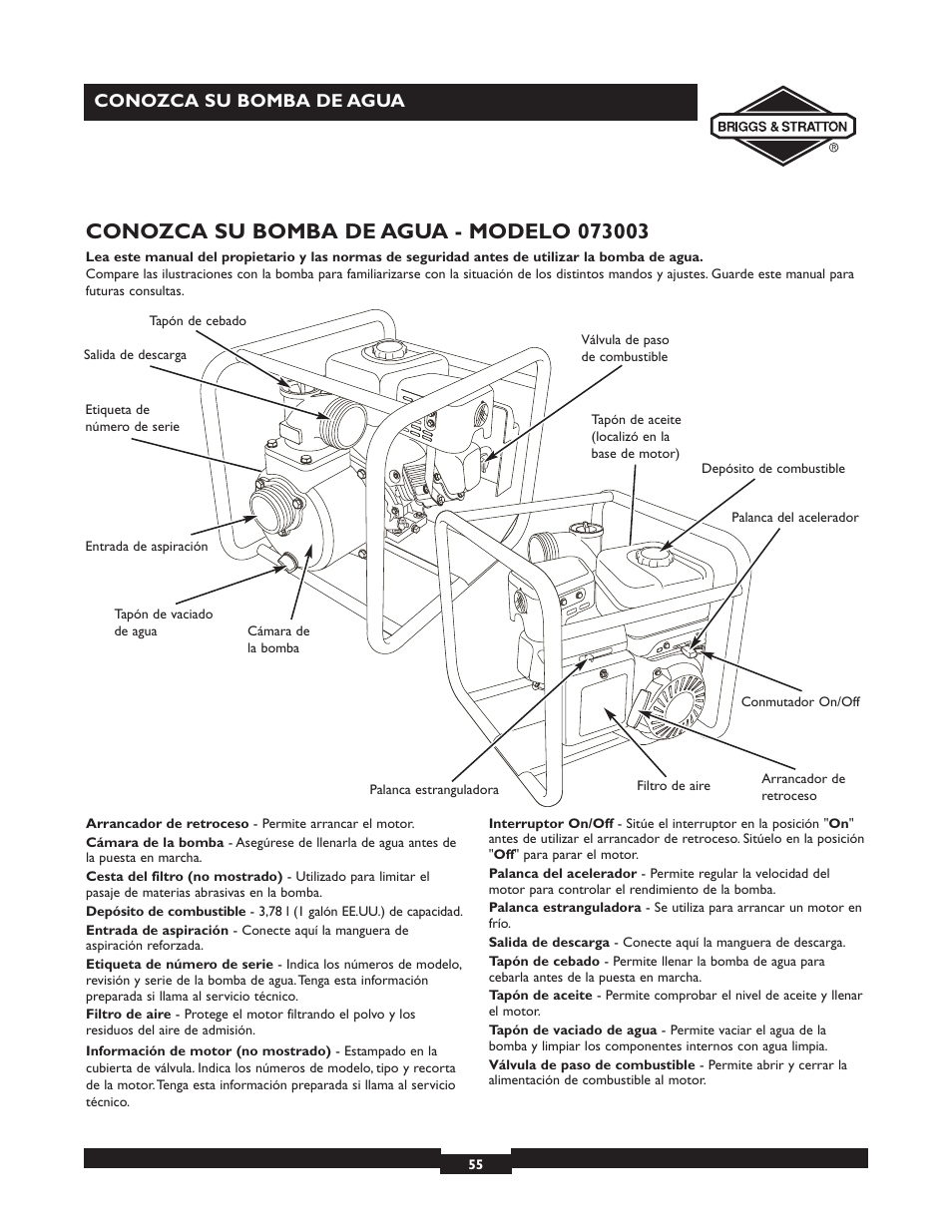 Conozca su bomba de agua | Briggs & Stratton 073002 User Manual | Page 55 / 72