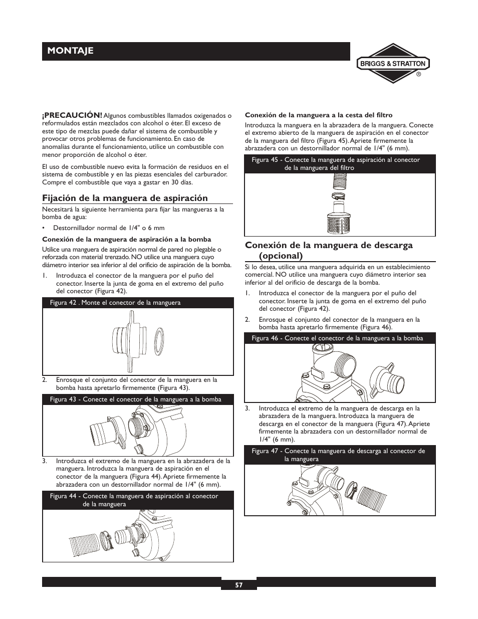 Montaje, Fijación de la manguera de aspiración, Conexión de la manguera de descarga (opcional) | Briggs & Stratton 073002 User Manual | Page 57 / 72