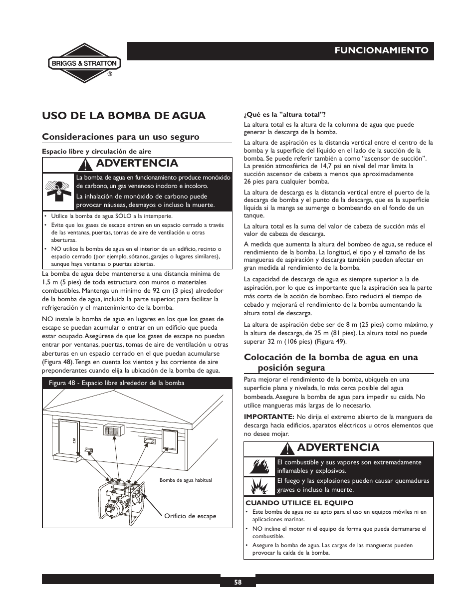 Uso de la bomba de agua, Advertencia, Funcionamiento | Consideraciones para un uso seguro | Briggs & Stratton 073002 User Manual | Page 58 / 72