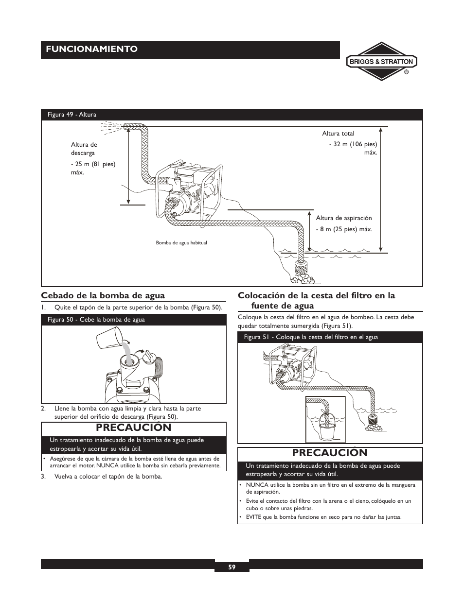 Precaución, Funcionamiento cebado de la bomba de agua | Briggs & Stratton 073002 User Manual | Page 59 / 72