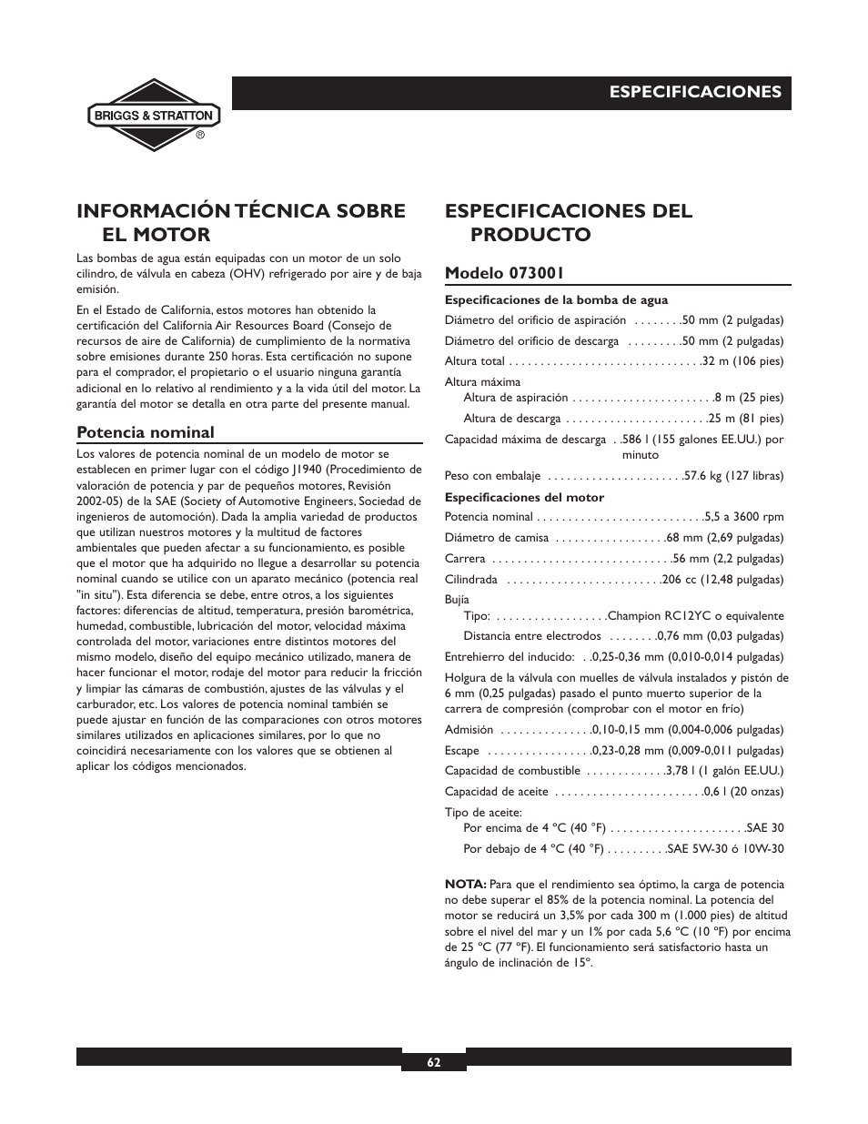 Información técnica sobre el motor, Especificaciones del producto | Briggs & Stratton 073002 User Manual | Page 62 / 72