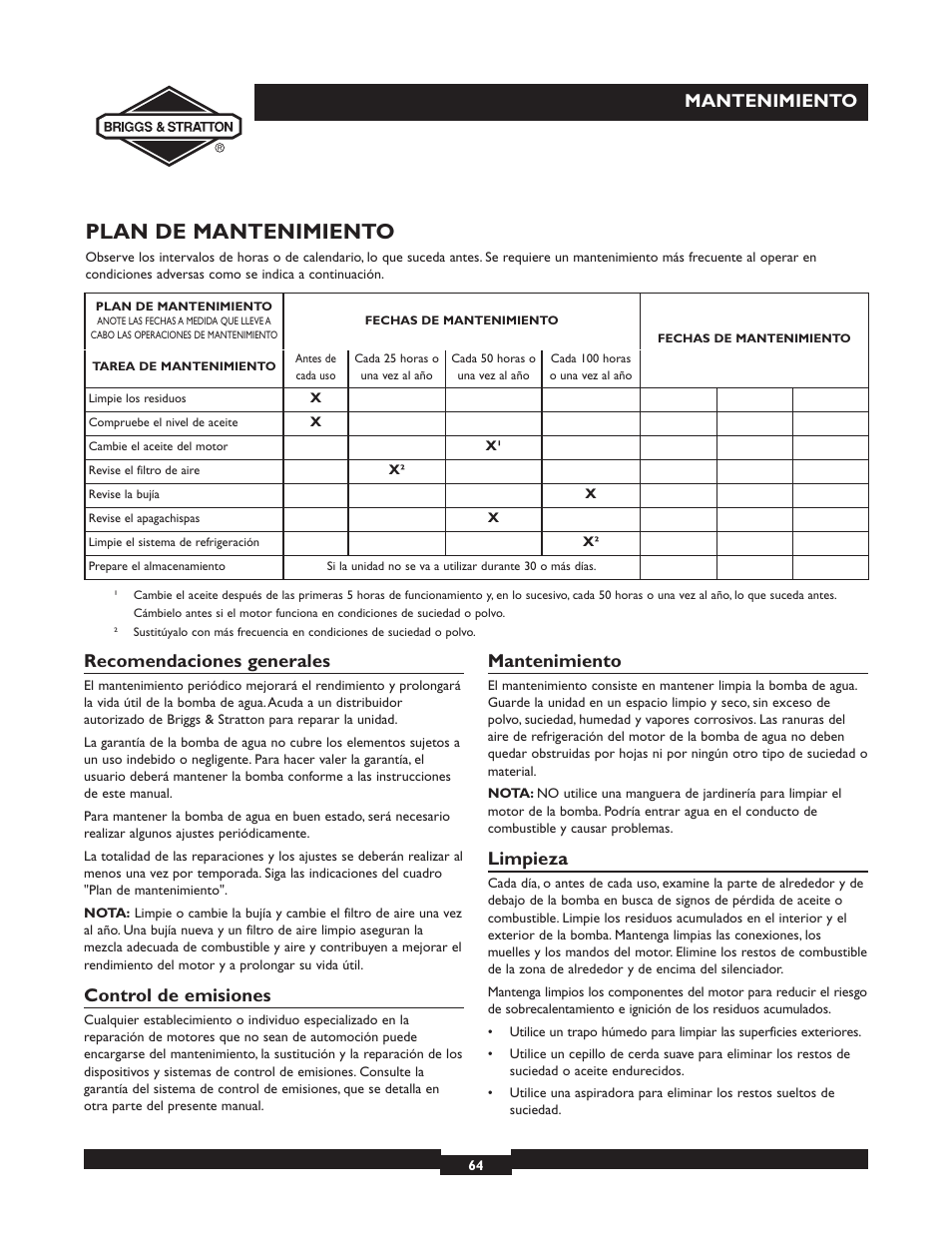 Plan de mantenimiento, Mantenimiento, Recomendaciones generales | Control de emisiones, Limpieza | Briggs & Stratton 073002 User Manual | Page 64 / 72