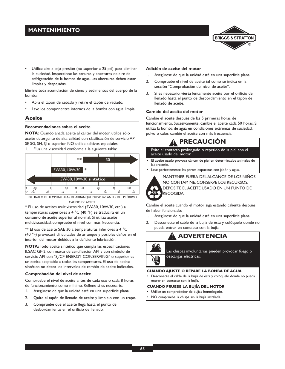 Precaución, Advertencia, Mantenimiento | Aceite | Briggs & Stratton 073002 User Manual | Page 65 / 72