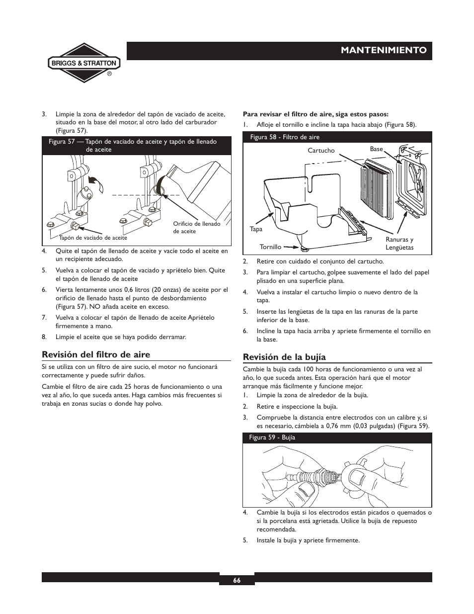 Mantenimiento, Revisión del filtro de aire, Revisión de la bujía | Briggs & Stratton 073002 User Manual | Page 66 / 72