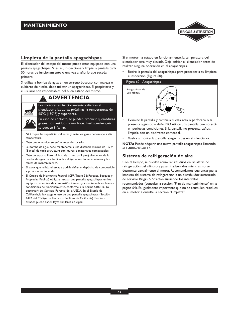 Advertencia, Mantenimiento limpieza de la pantalla apagachispas, Sistema de refrigeración de aire | Briggs & Stratton 073002 User Manual | Page 67 / 72