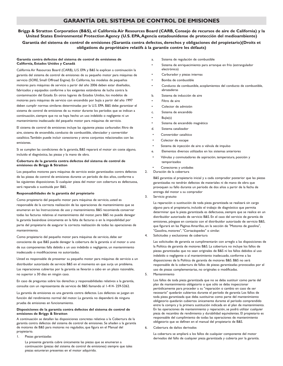 Garantía del sistema de control de emisiones | Briggs & Stratton 073002 User Manual | Page 70 / 72