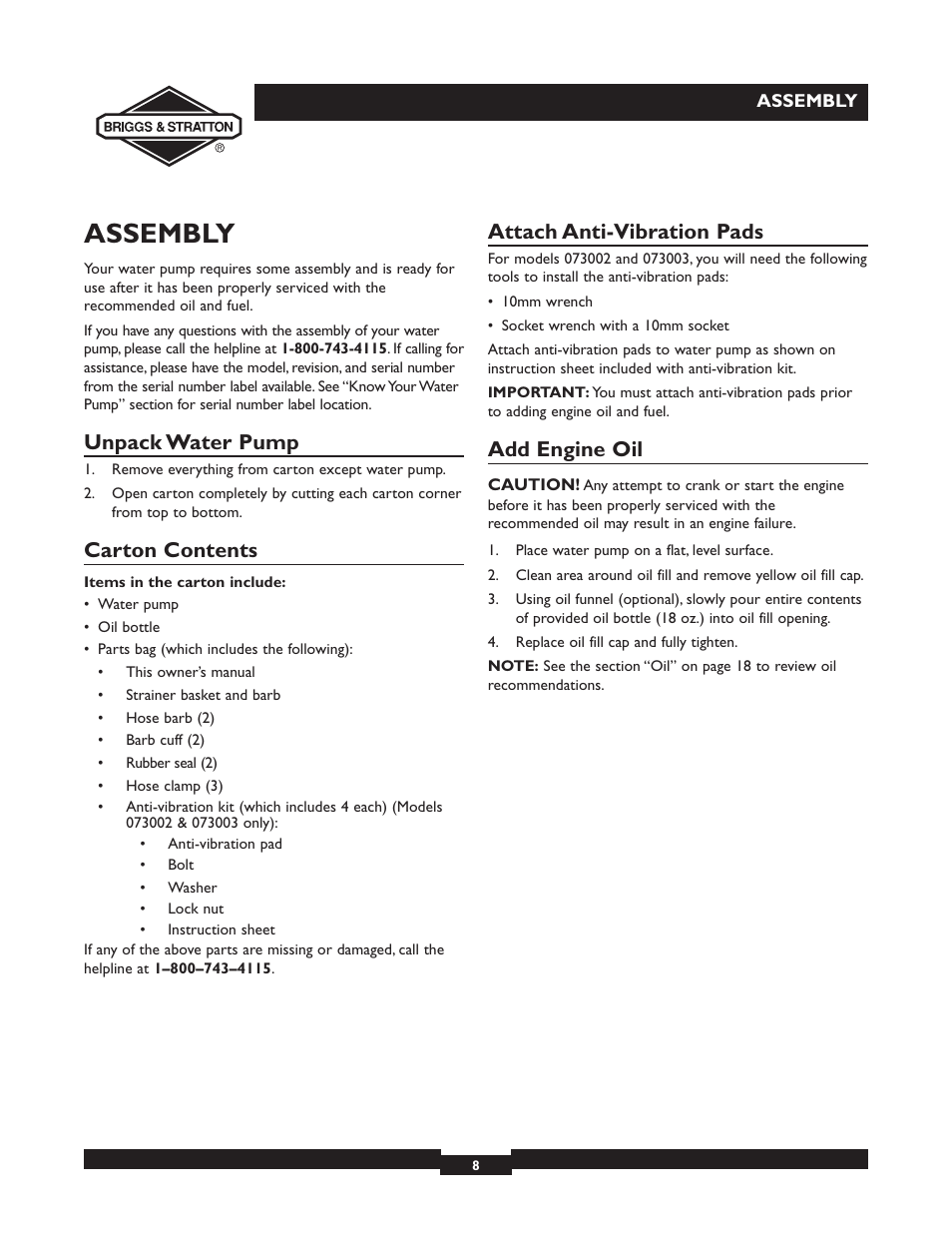 Assembly, Unpack water pump, Carton contents | Attach anti-vibration pads, Add engine oil | Briggs & Stratton 073002 User Manual | Page 8 / 72