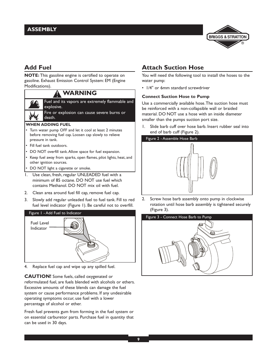 Add fuel, Attach suction hose, Warning | Briggs & Stratton 073002 User Manual | Page 9 / 72