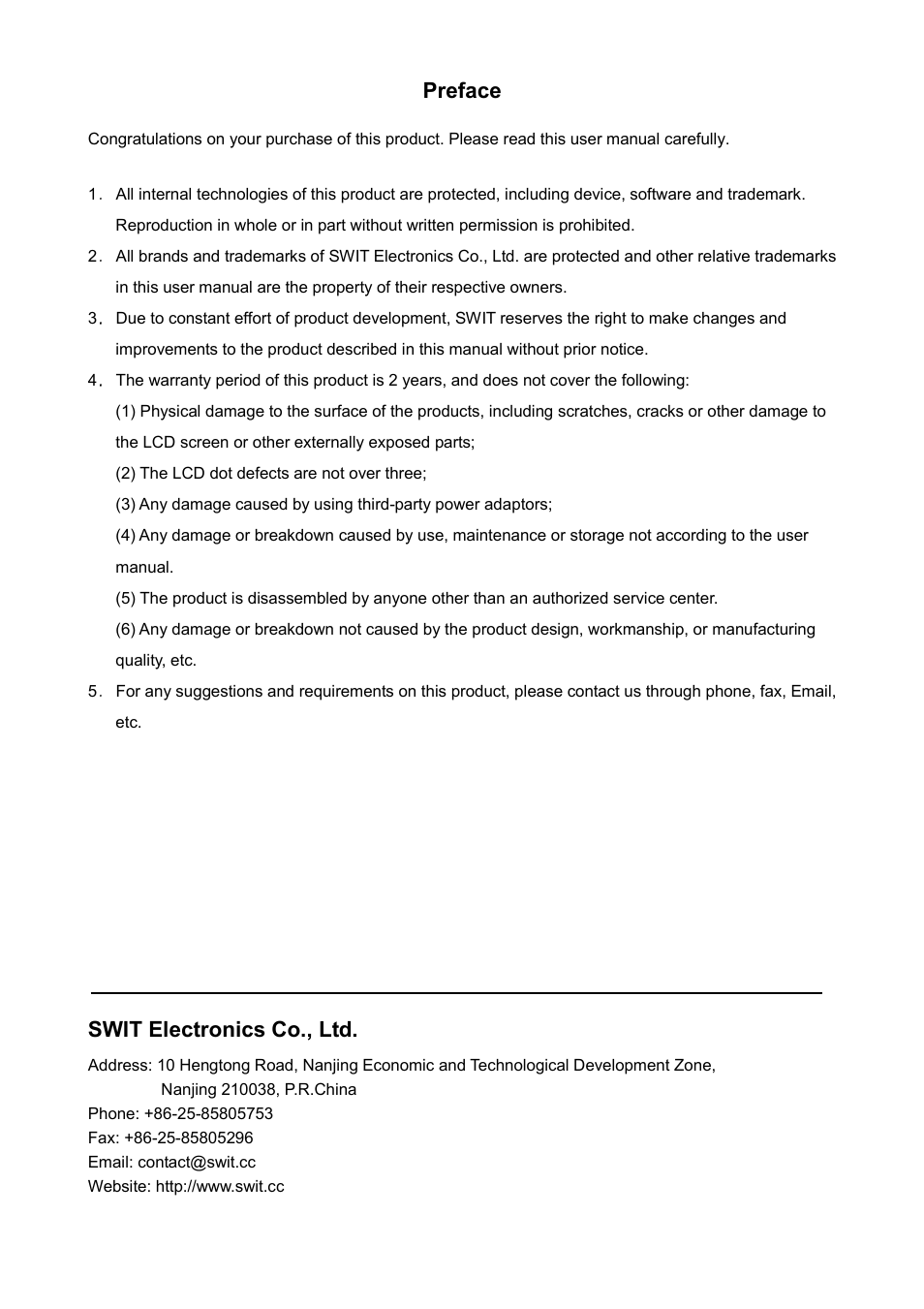 Preface, Swit electronics co., ltd | SWIT Electronics S-1092H User Manual | Page 2 / 16