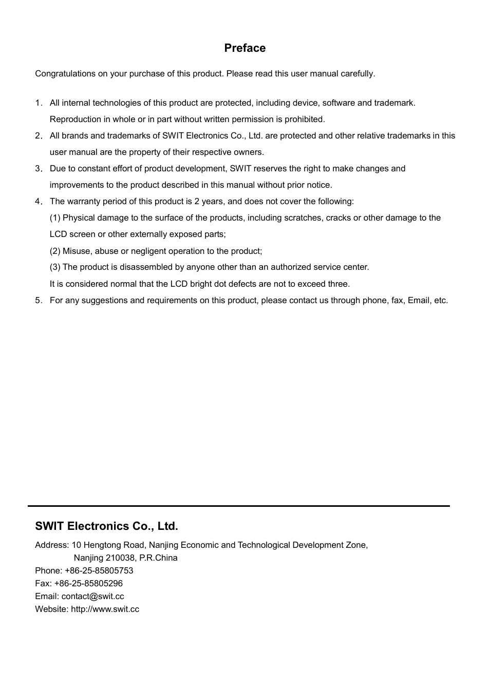 Preface, Swit electronics co., ltd | SWIT Electronics S-1071C User Manual | Page 2 / 12
