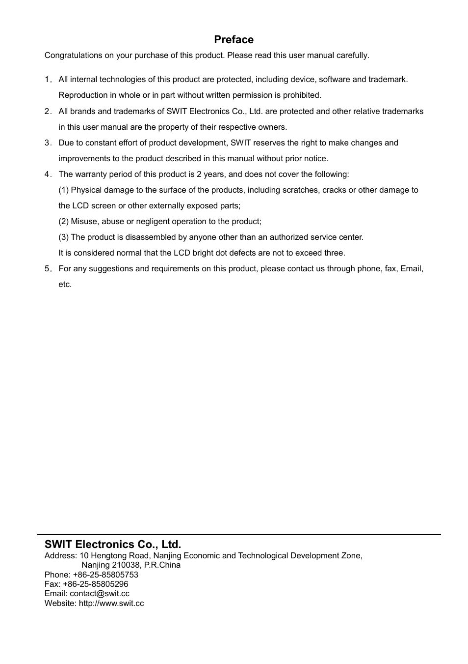 Preface, Swit electronics co., ltd | SWIT Electronics S-1071H(EFP) User Manual | Page 2 / 12