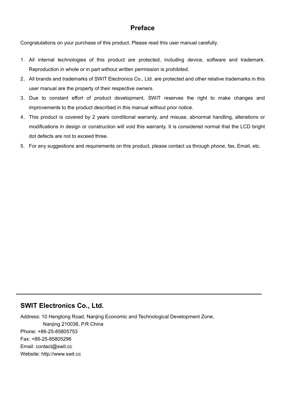 Preface, Swit electronics co., ltd | SWIT Electronics S-1051C User Manual | Page 2 / 12