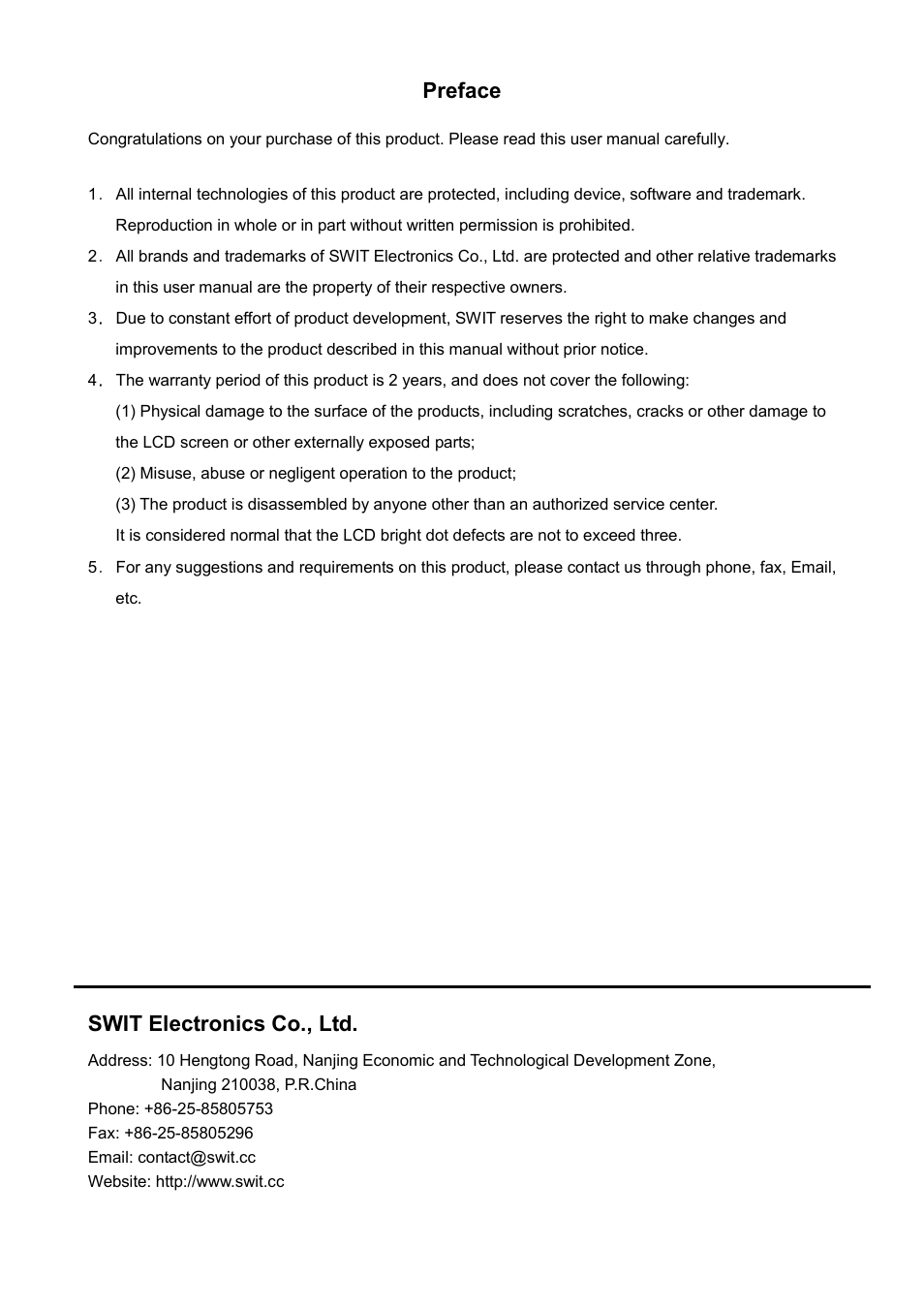 Preface, Swit electronics co., ltd | SWIT Electronics M-1071F User Manual | Page 2 / 12