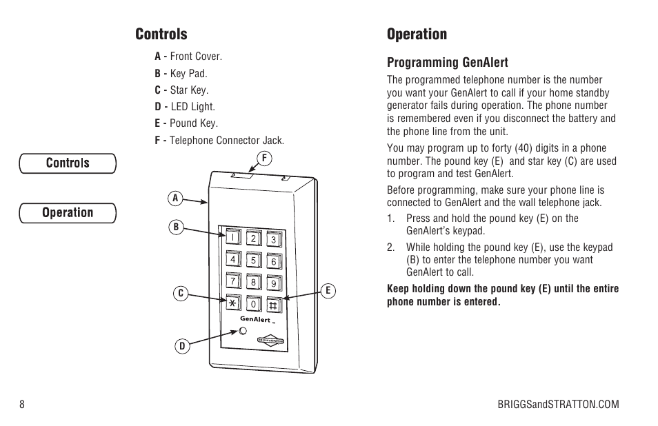 Controls, Operation | Briggs & Stratton Model 040205-0 User Manual | Page 10 / 64