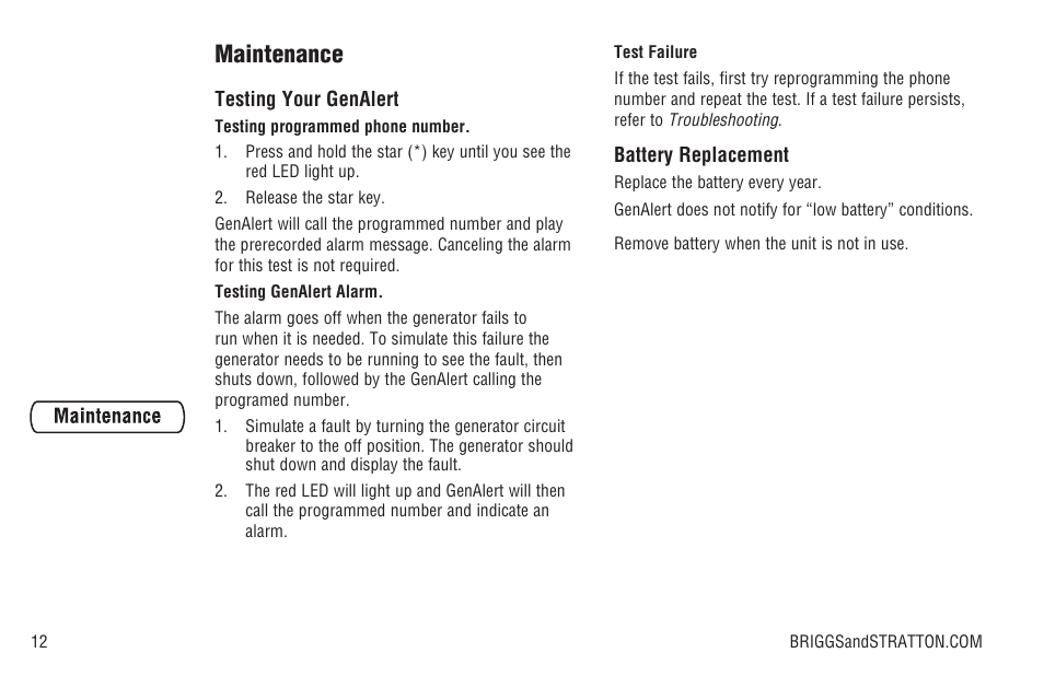 Maintenance | Briggs & Stratton Model 040205-0 User Manual | Page 14 / 64