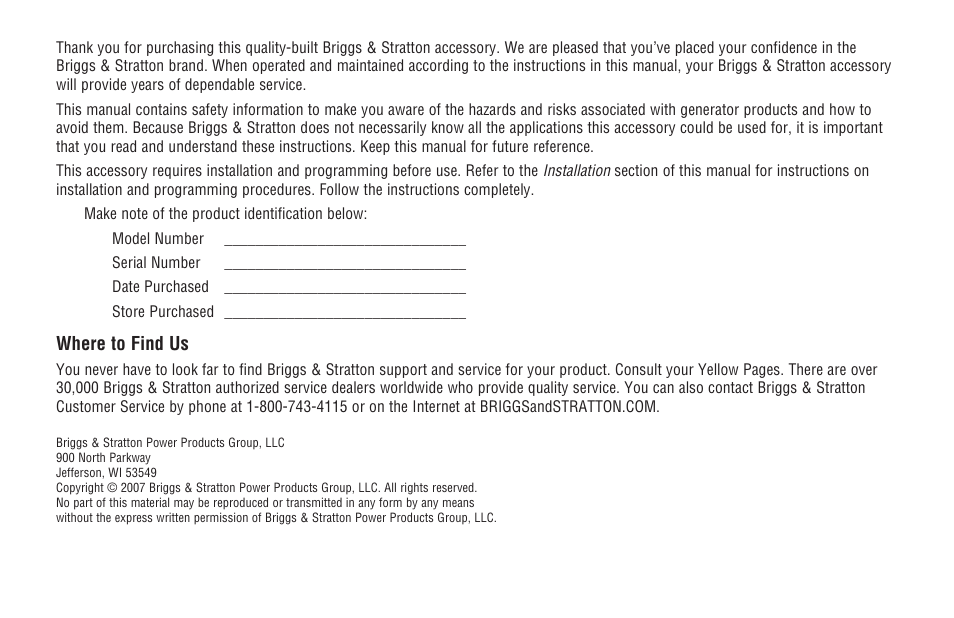 Where to find us | Briggs & Stratton Model 040205-0 User Manual | Page 2 / 64