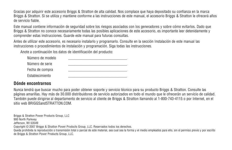 Dónde encontrarnos | Briggs & Stratton Model 040205-0 User Manual | Page 22 / 64