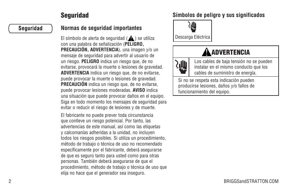 Seguridad, Advertencia | Briggs & Stratton Model 040205-0 User Manual | Page 24 / 64
