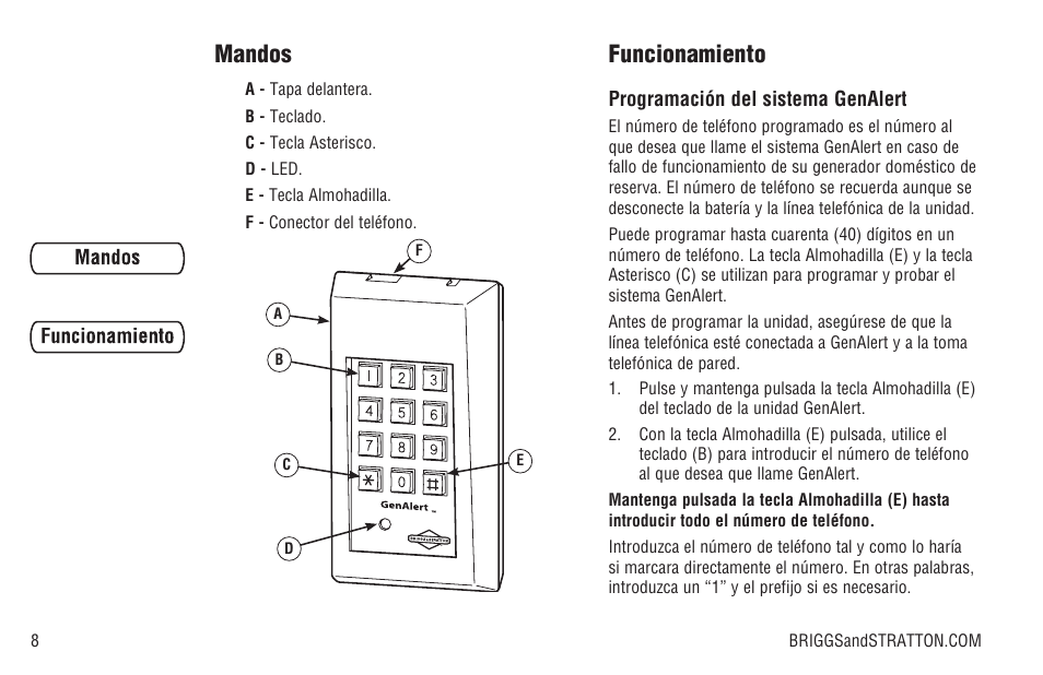 Mandos, Funcionamiento | Briggs & Stratton Model 040205-0 User Manual | Page 30 / 64