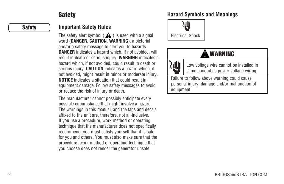Safety, Warning | Briggs & Stratton Model 040205-0 User Manual | Page 4 / 64