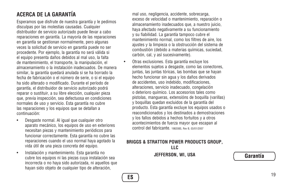 Acerca de la garantía | Briggs & Stratton Model 040205-0 User Manual | Page 41 / 64