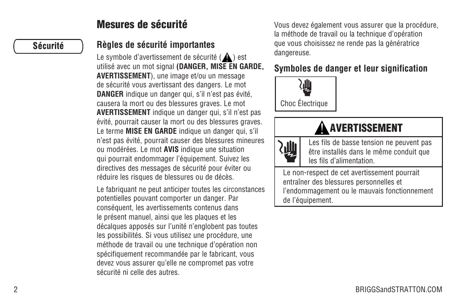 Mesures de sécurité, Avertissement | Briggs & Stratton Model 040205-0 User Manual | Page 46 / 64