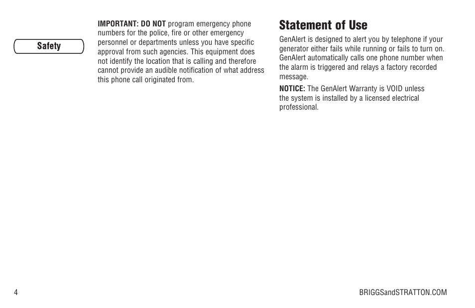 Statement of use | Briggs & Stratton Model 040205-0 User Manual | Page 6 / 64