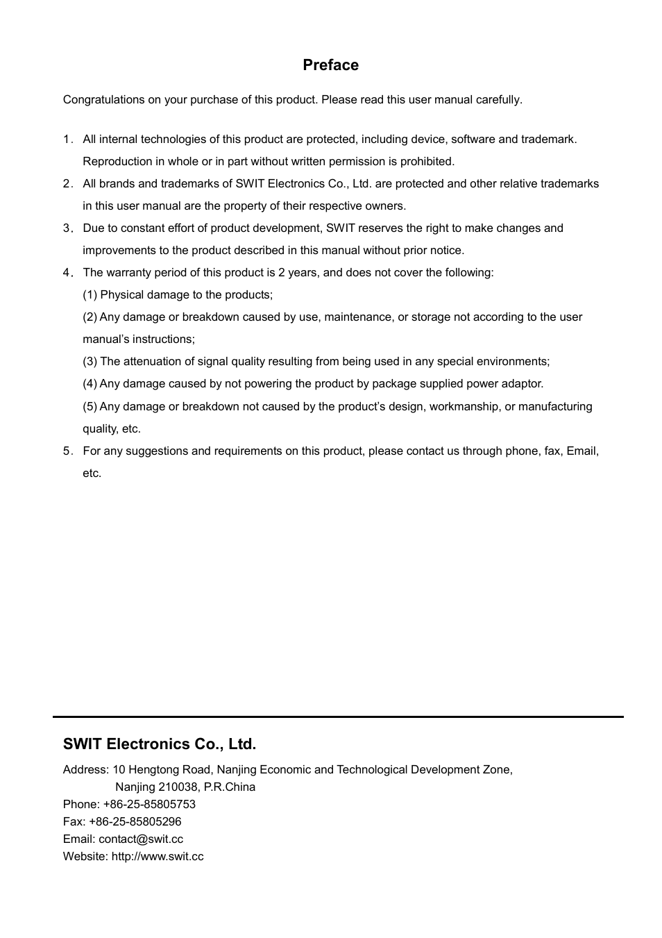 Preface, Swit electronics co., ltd | SWIT Electronics S-4913R User Manual | Page 2 / 12