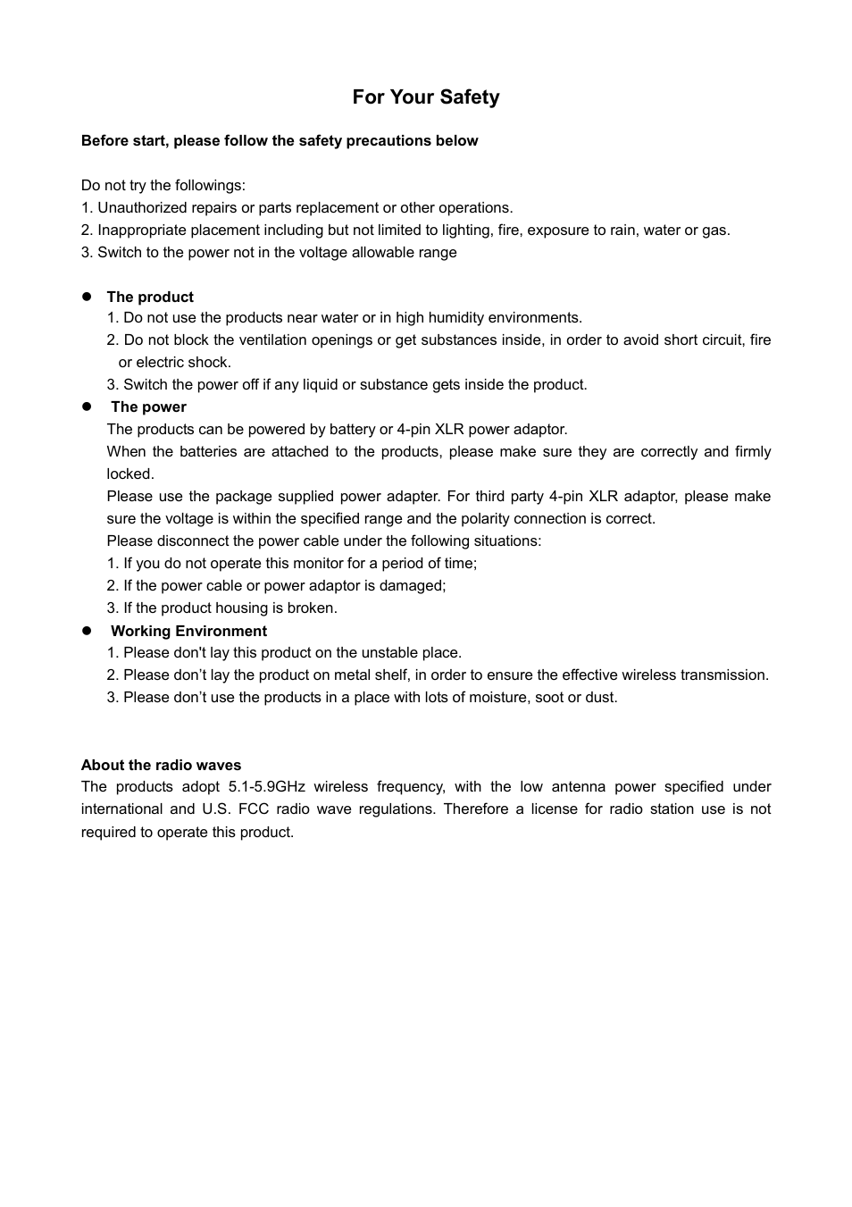 For your safety | SWIT Electronics S-4913R User Manual | Page 3 / 12