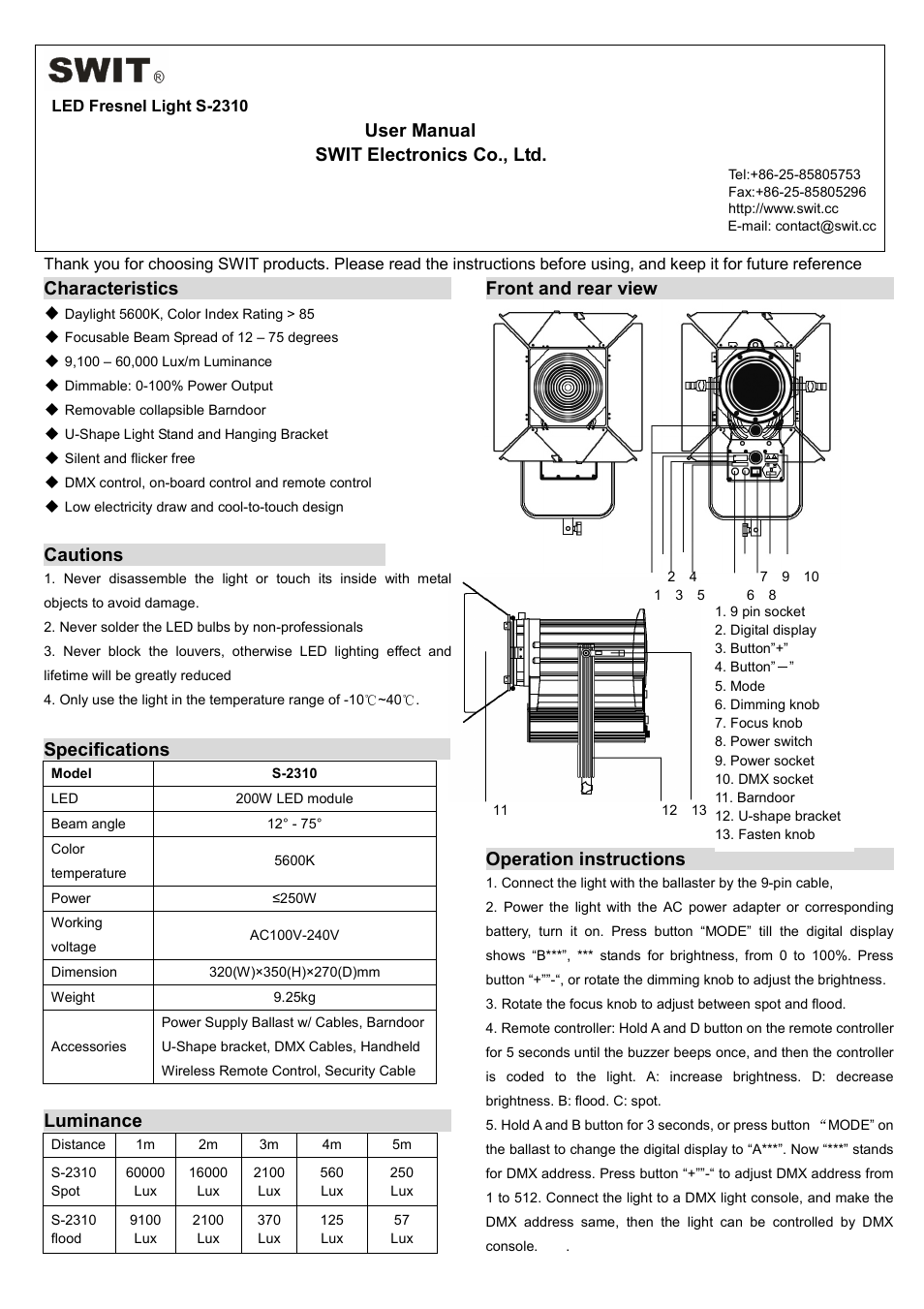 SWIT Electronics S-2310 User Manual | 1 page