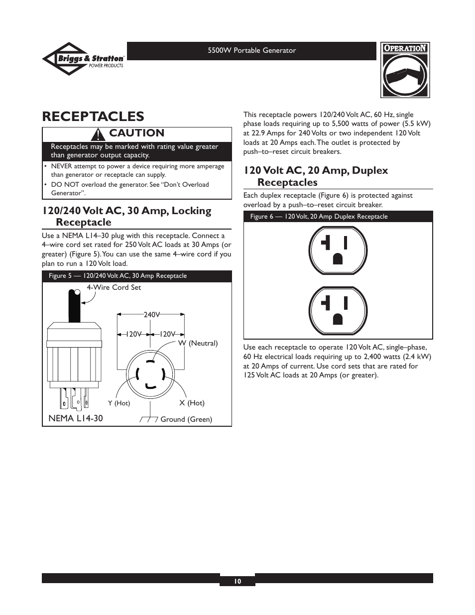 Receptacles, Caution | Briggs & Stratton Elite 030209 User Manual | Page 10 / 28