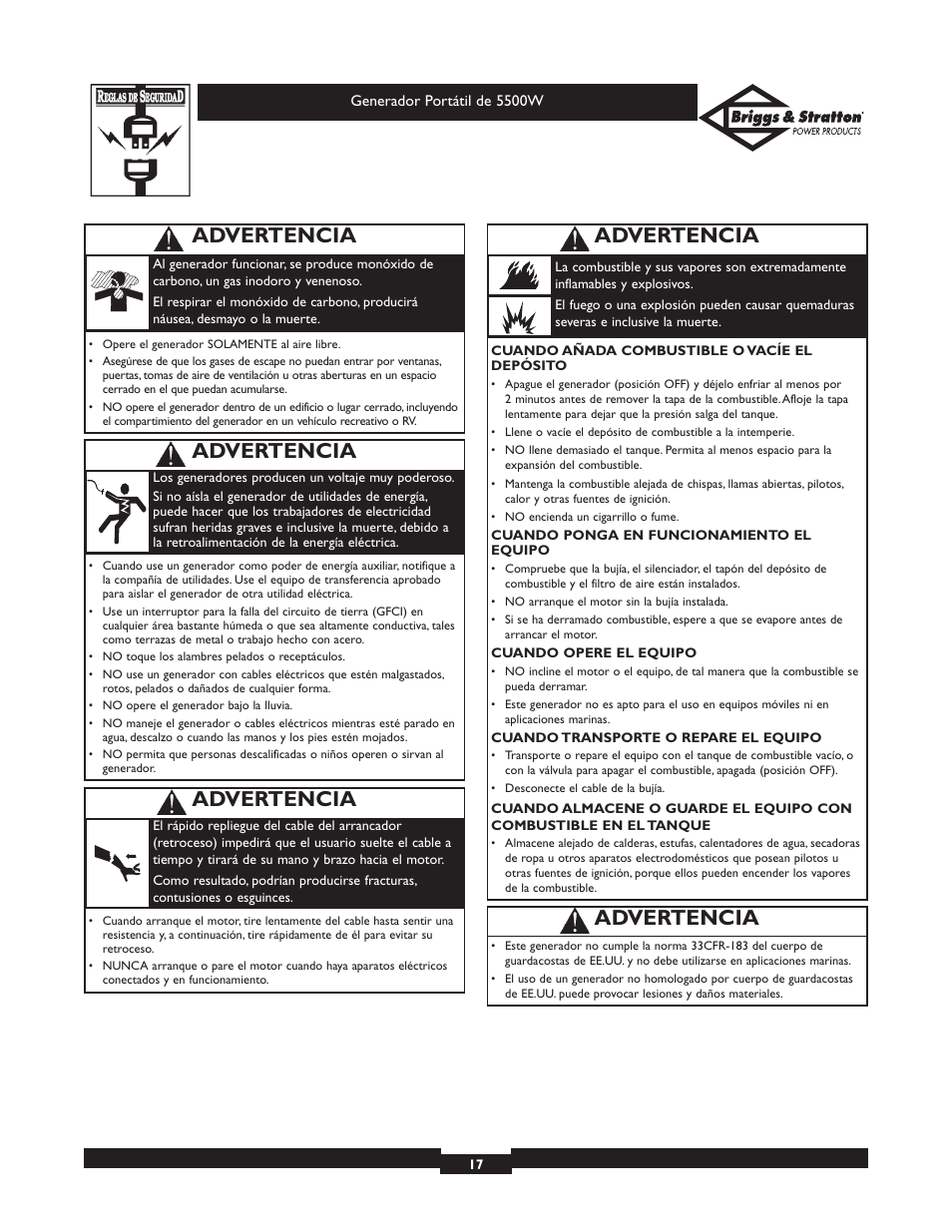 Advertencia | Briggs & Stratton Elite 030209 User Manual | Page 17 / 28