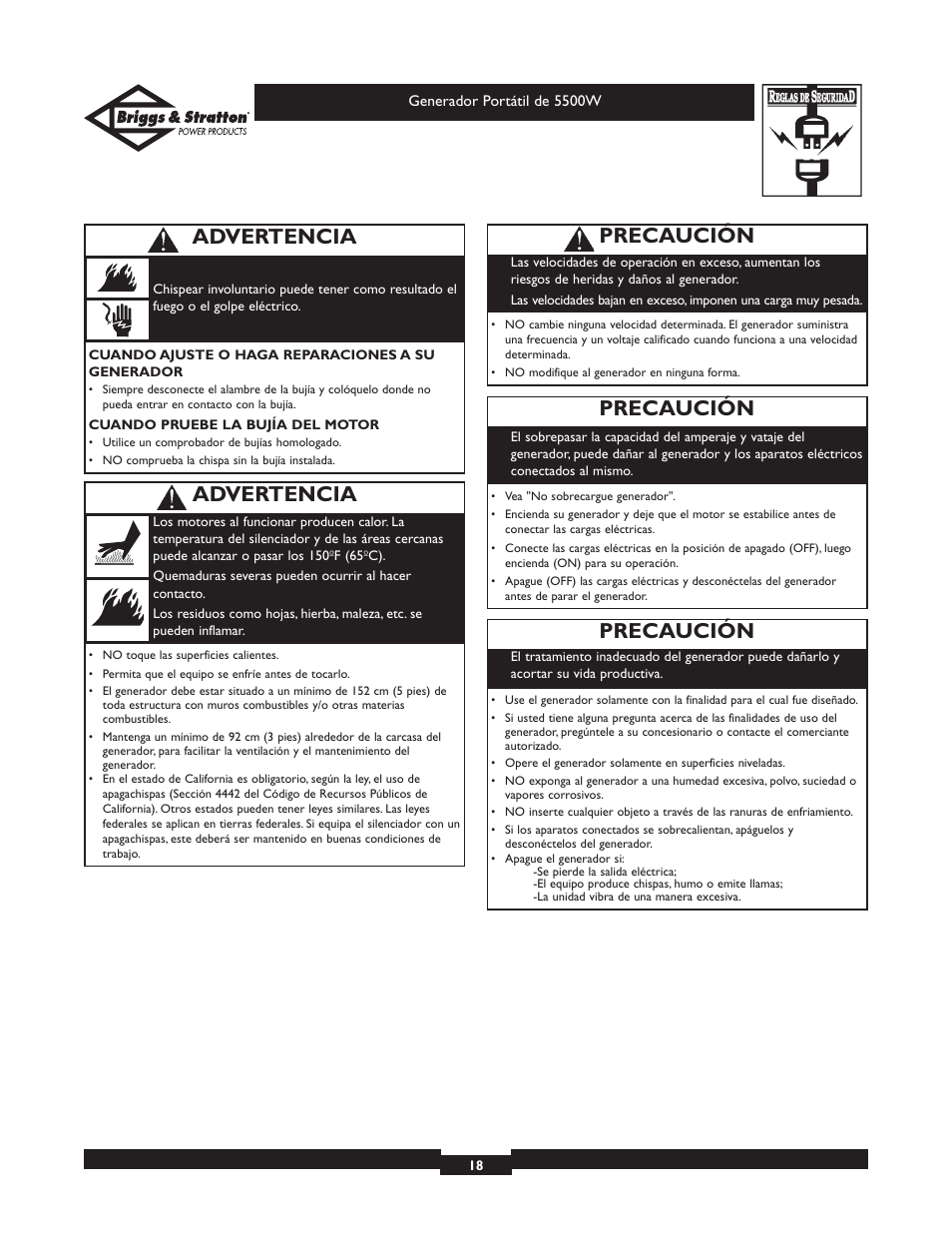 Precaución, Advertencia | Briggs & Stratton Elite 030209 User Manual | Page 18 / 28