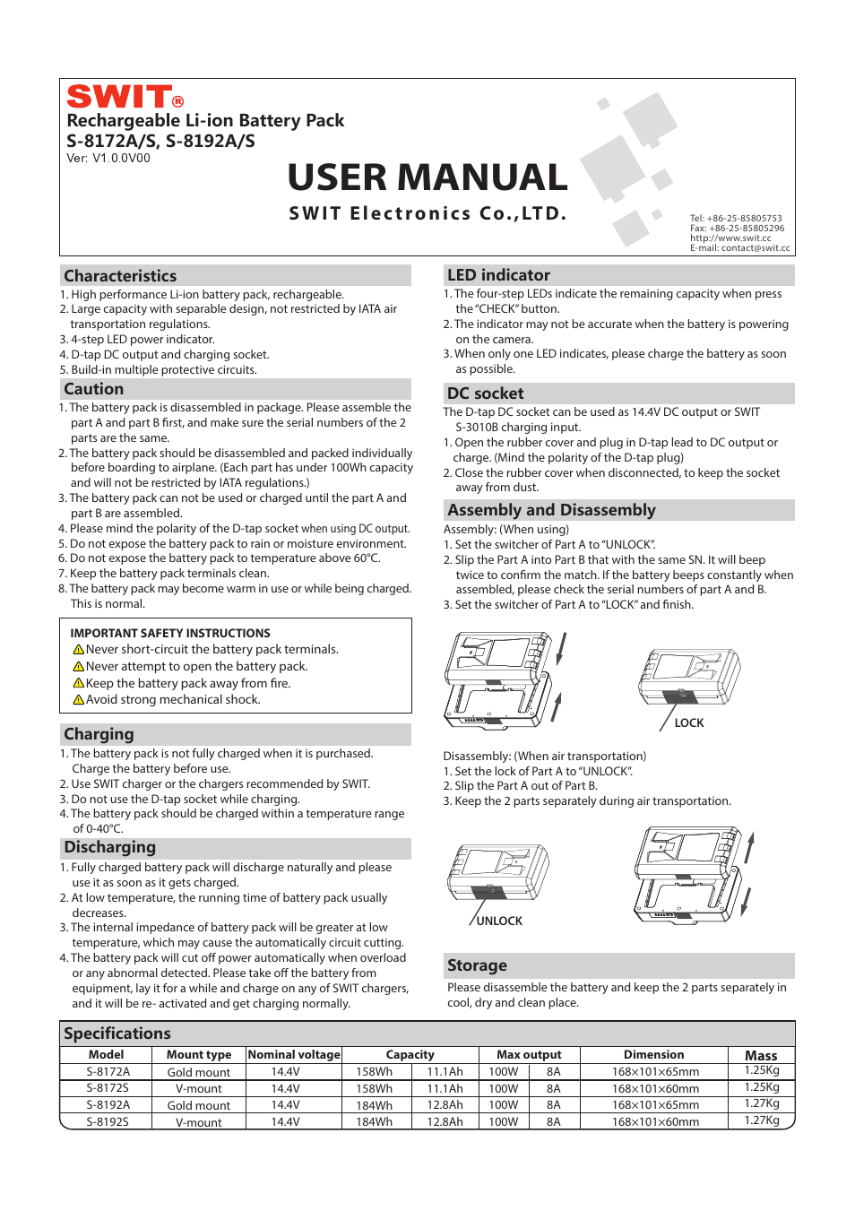 SWIT Electronics S-8172S User Manual | 1 page